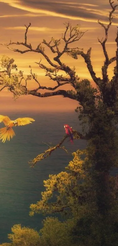 Golden sunset with vibrant parrots over an ocean landscape.