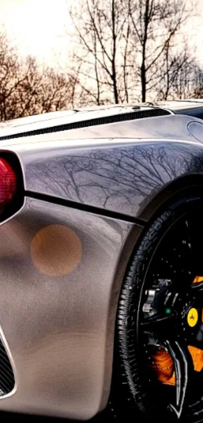 Gray supercar with vibrant detailing in a scenic background.