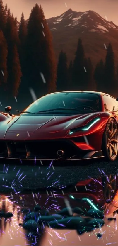 Red supercar by the lake with mountain backdrop.