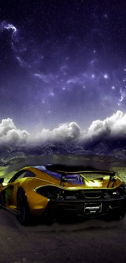 Supercar parked on road under starry night sky with clouds.