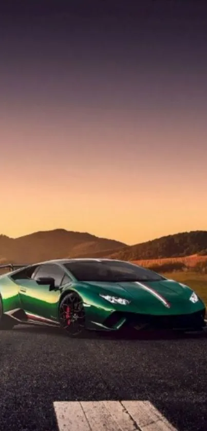 Green supercar on open road at sunset with scenic mountains in background.