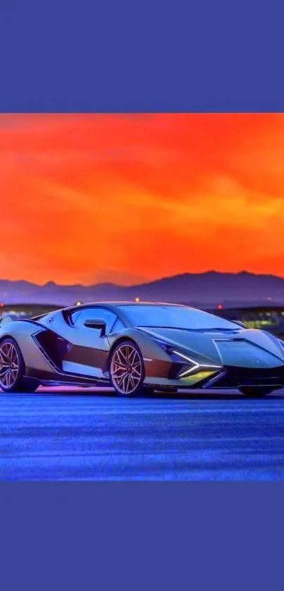 Supercar against vibrant sunset backdrop on mobile wallpaper.