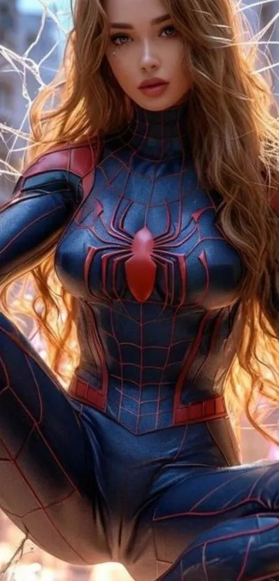 Superhero in dynamic pose with vibrant colors on mobile wallpaper.