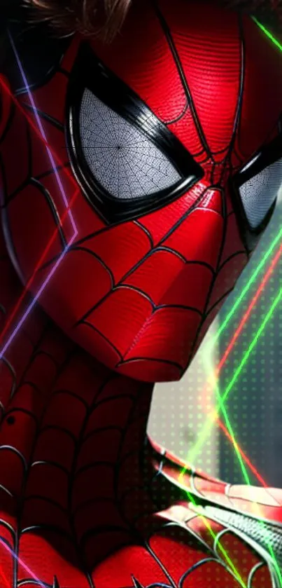 Dynamic red superhero wallpaper with vibrant web patterns and lighting effects.