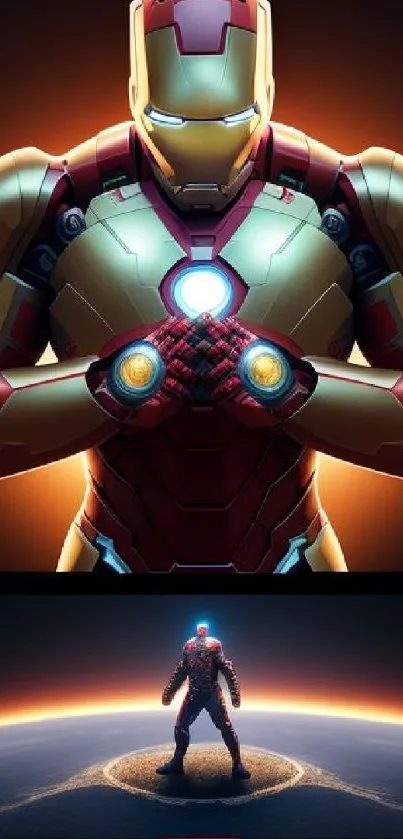 Mobile wallpaper of a superhero in red armor with glowing highlights.