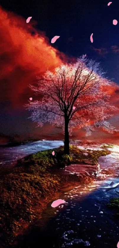 Surreal wallpaper with a lone tree, vibrant red sky, and dark blue contrast.