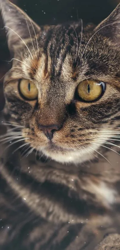 Close-up of a tabby cat with striking eyes as a mobile wallpaper.