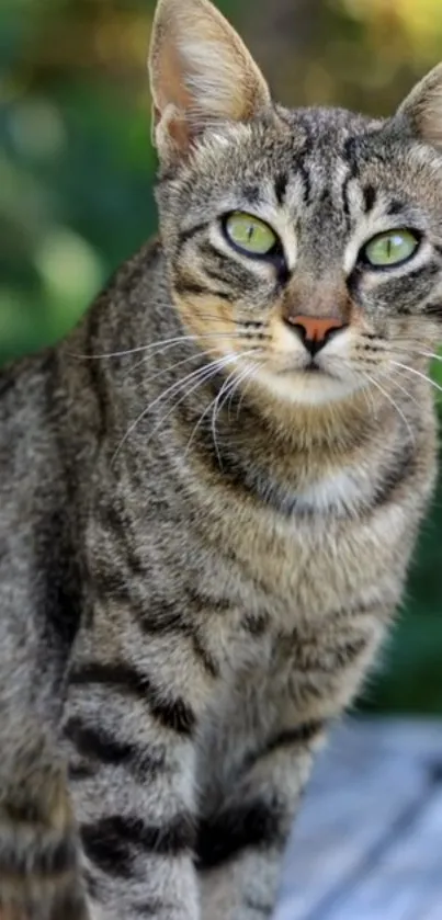 Stunning tabby cat with green eyes in natural setting.