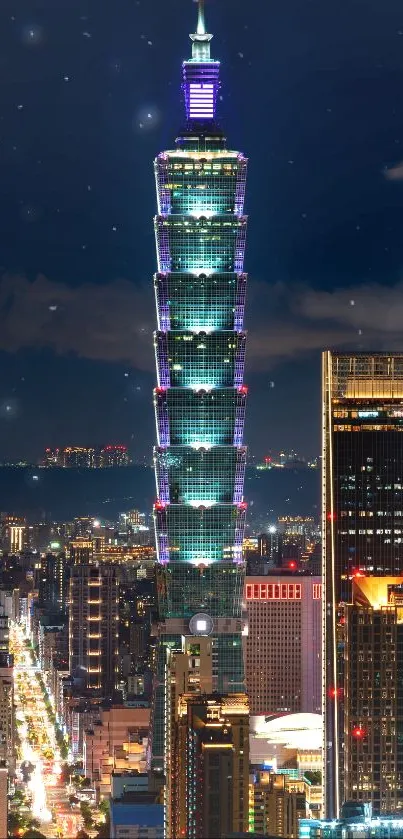 Night view of Taipei 101 tower with cityscape.