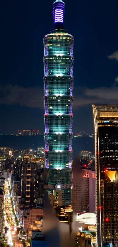 Taipei city skyline with illuminated skyscraper at night