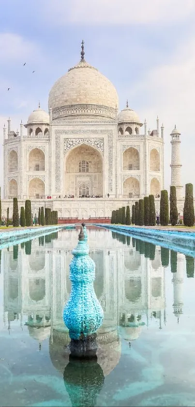 Taj Mahal with reflection in water, capturing elegance and tranquility.