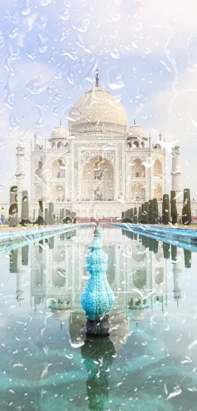 Taj Mahal reflected in serene water with tower and sky view.