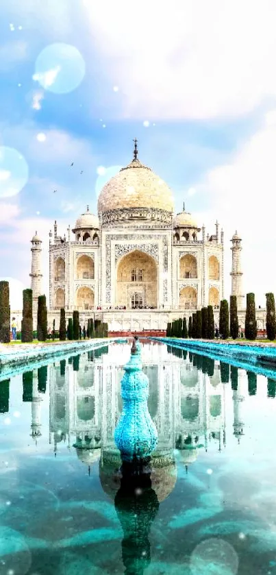 Taj Mahal reflecting in water under a vibrant blue sky.