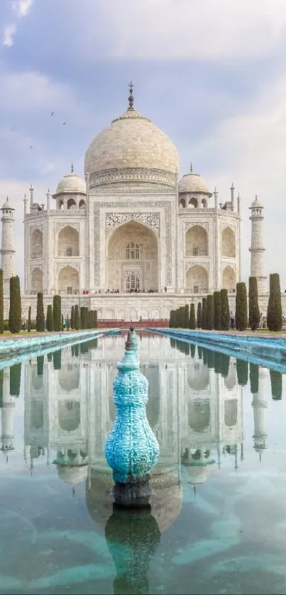 Beautiful Taj Mahal with reflection in a clear blue pool.