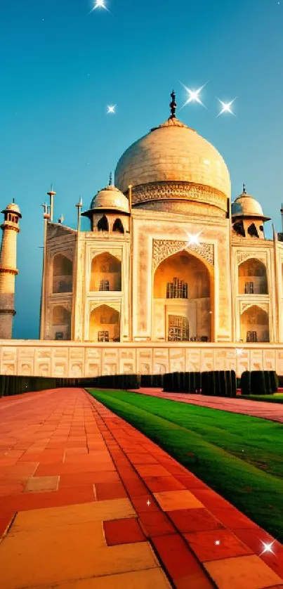 Taj Mahal against a vibrant blue sky, showcasing stunning architecture.