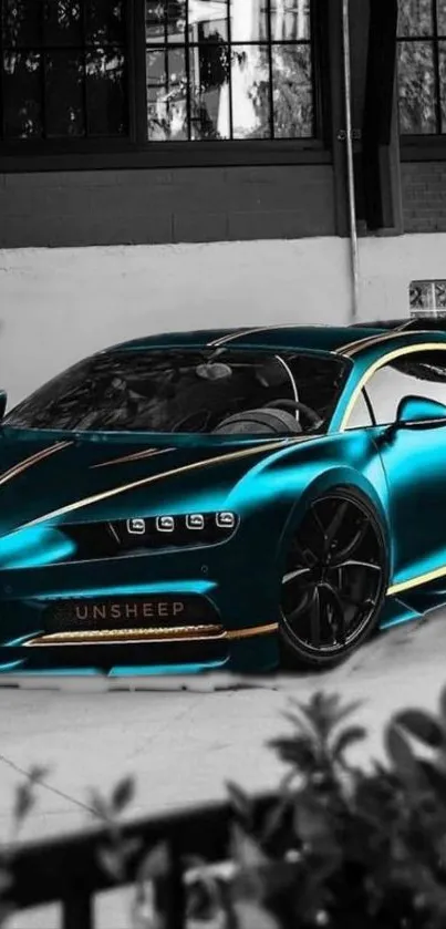 Teal sports car with gold accents parked in a modern garage setting.