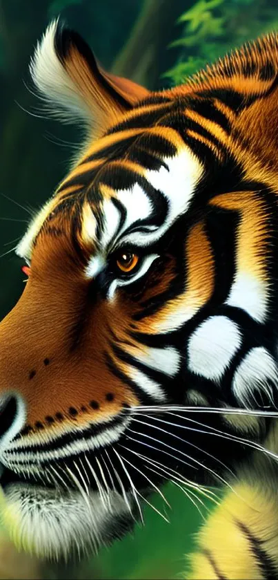 Close-up of tiger face in vibrant jungle setting.