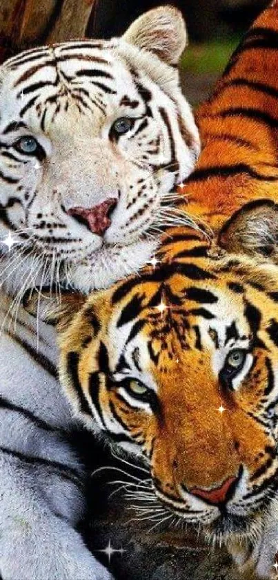 Majestic white and orange tiger duo in natural habitat.