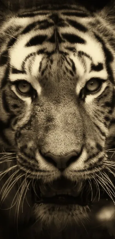 Close-up of a majestic tiger's face in sepia tones for mobile wallpaper.