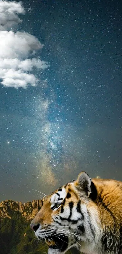 Tiger in front of starry night sky and mountain landscape.