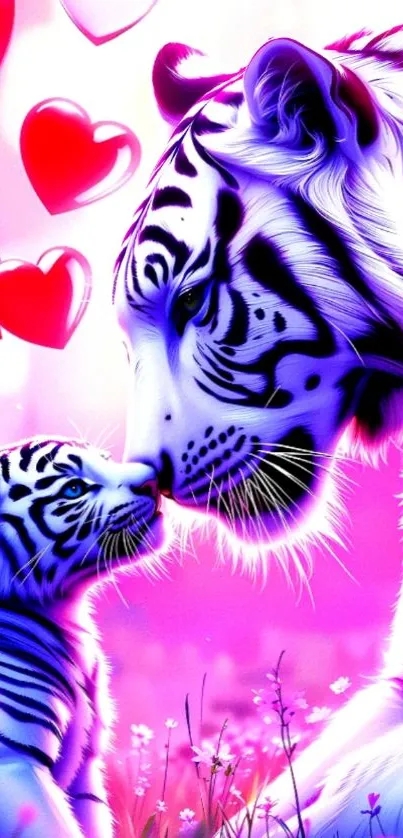 Two tigers with pink hearts, vibrant mobile wallpaper.