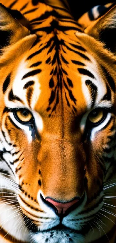 Close-up of a majestic tiger's face with bright orange and black stripes.