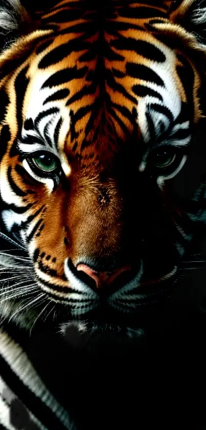 Close-up of a tiger face with striking orange and black stripes.