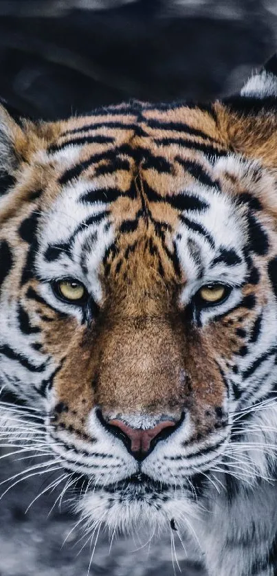 Close-up of a majestic tiger with intense gaze on a mobile wallpaper.