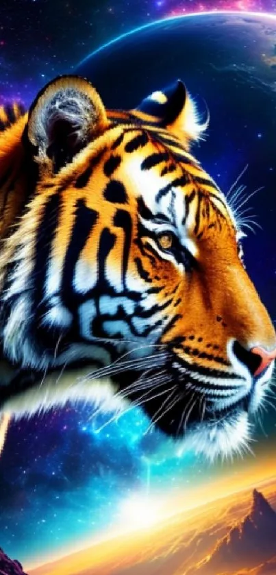 Tiger gazes at the Earth with a cosmic background in vibrant colors.