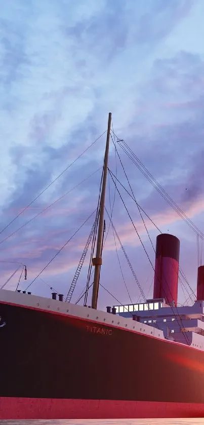 Majestic Titanic sailing into a vibrant sunset over calm ocean waters.