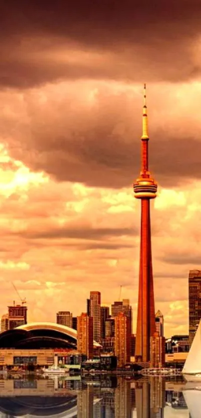 Toronto skyline with CN Tower reflected in water under dramatic clouds.