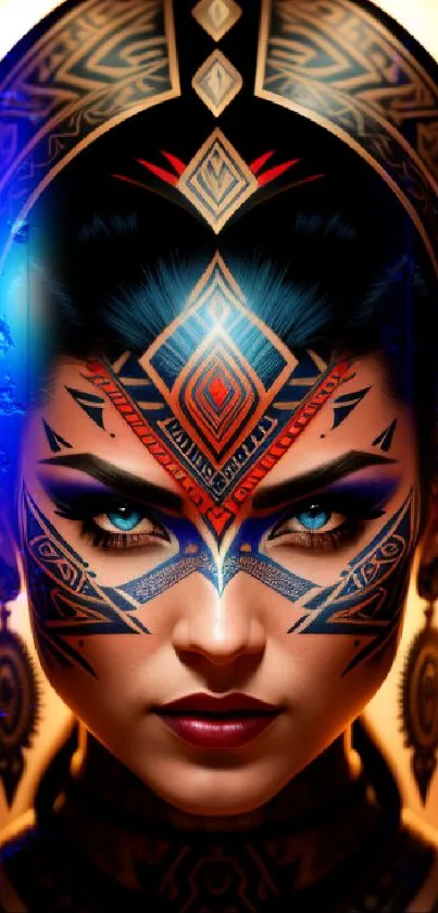 Vibrant tribal art portrait with intricate patterns and striking facial designs.