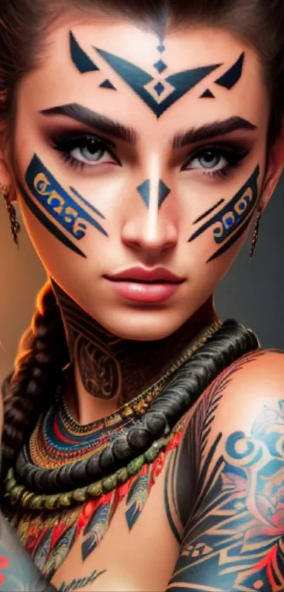 Intricate tribal face art and tattoos on a confident woman.