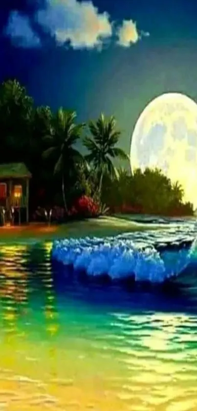 Tropical beach at night under full moon with waves.