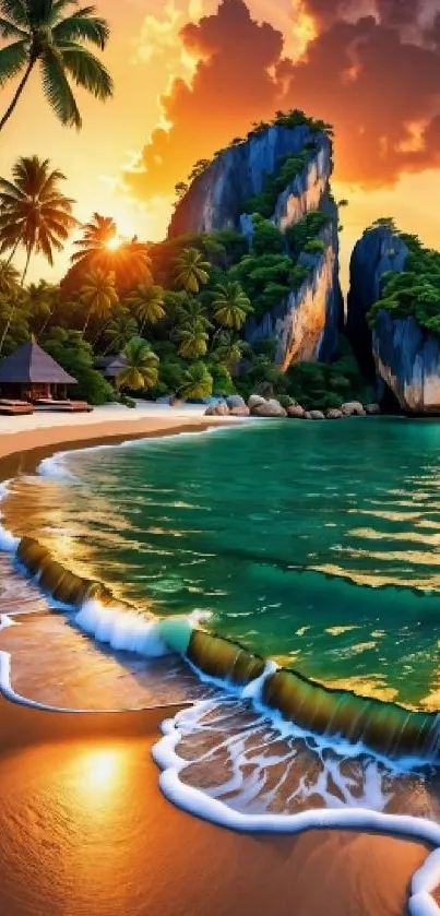 Tropical beach sunset with waves and palm trees.