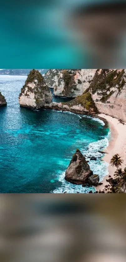 Scenic tropical beach with turquoise water and cliffs.