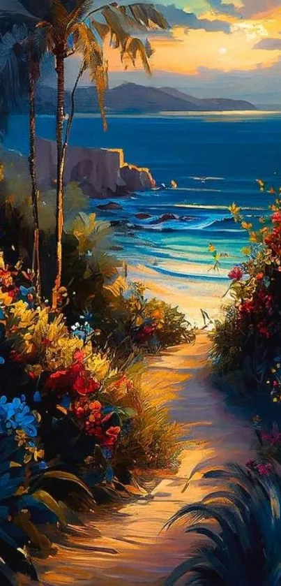 Tropical beach path with sunset and vibrant flowers.