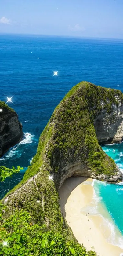 Tropical beach with azure waters and green cliffs under a clear blue sky.