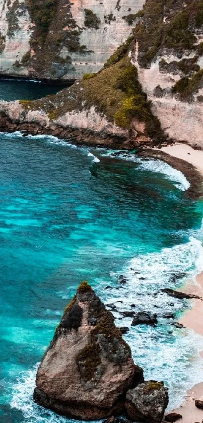 Stunning tropical coastline with cliffs and turquoise waters.