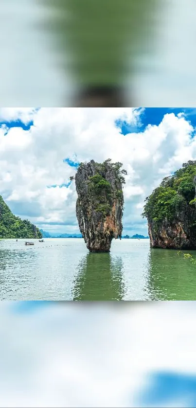 Breathtaking tropical island with towering rock formations and lush greenery.