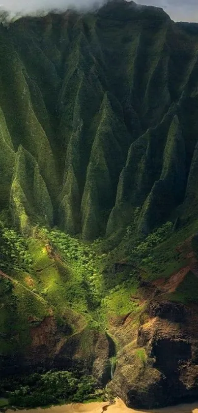 Stunning tropical mountain landscape with lush green cliffs and a serene beach.