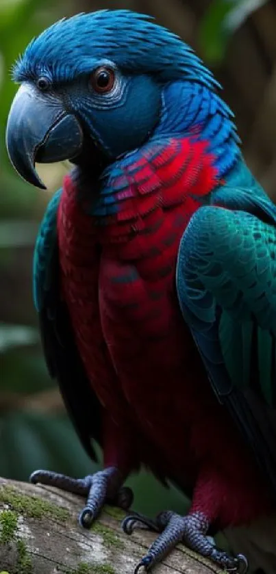 Vibrant parrot with blue and red feathers on a branch.