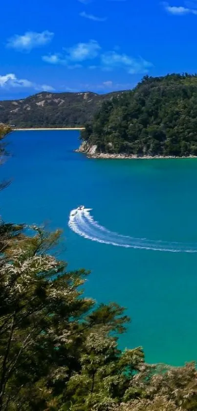 A breathtaking view of a turquoise sea with lush greenery and a clear blue sky.