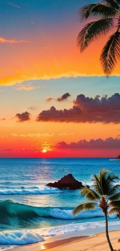 Vibrant tropical sunset with palm trees and ocean waves.