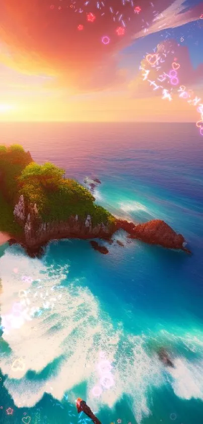 A vibrant tropical sunset over a scenic beach with lush green cliffs and azure waters.