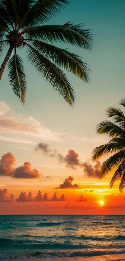 Beautiful tropical beach sunset with palm trees and vibrant colors.