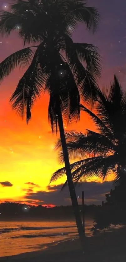 Beautiful tropical sunset with palm trees over a vibrant beach landscape.