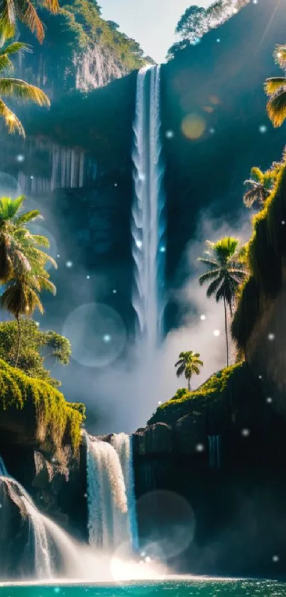 Tropical waterfall cascading between lush cliffs with palm trees and sunlight.