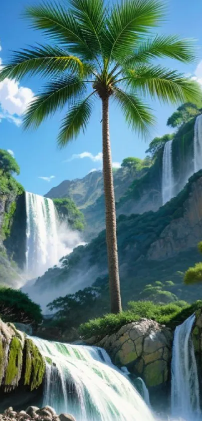A stunning mobile wallpaper of a tropical waterfall with vibrant greenery and a clear blue sky.