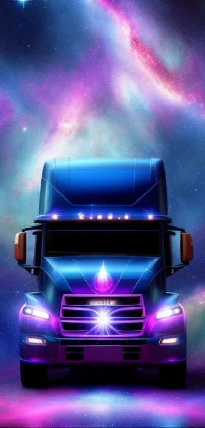 Futuristic truck against a vibrant cosmic background with nebula hues.